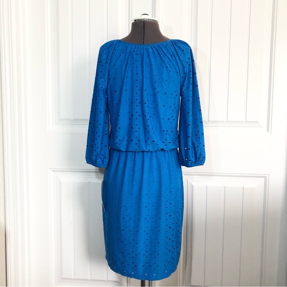 London Times 3/4 Sleeve Jersey Front Keyhole Blue Perforated Line Dress 6 - Picture 5 of 11